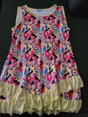 Sleeveless Multicolor Abstract Print Maxi Dress with Yellow Ruffle Hem